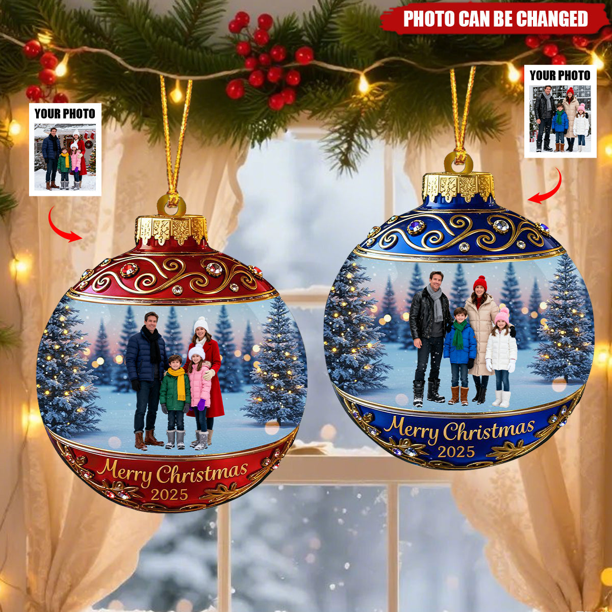 Festive Family Christmas Ball Upload Photo - Personalized 1-Layer Acrylic Ornament