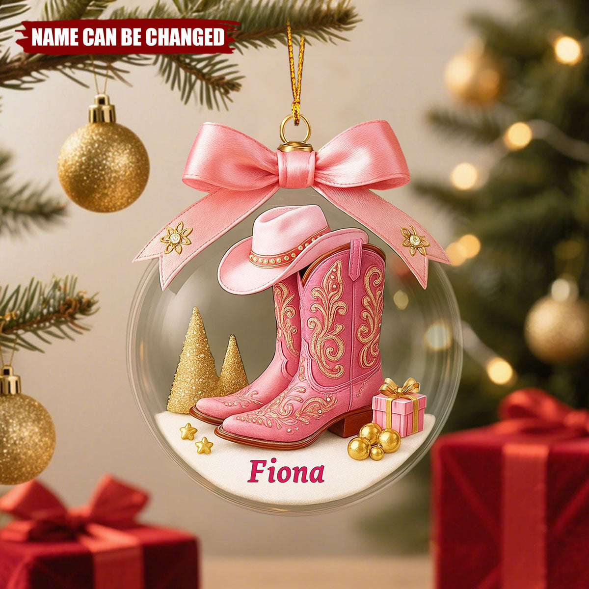 Personalized Cowgirl Boots Christmas Ornament, Western Pink Boot Ornament