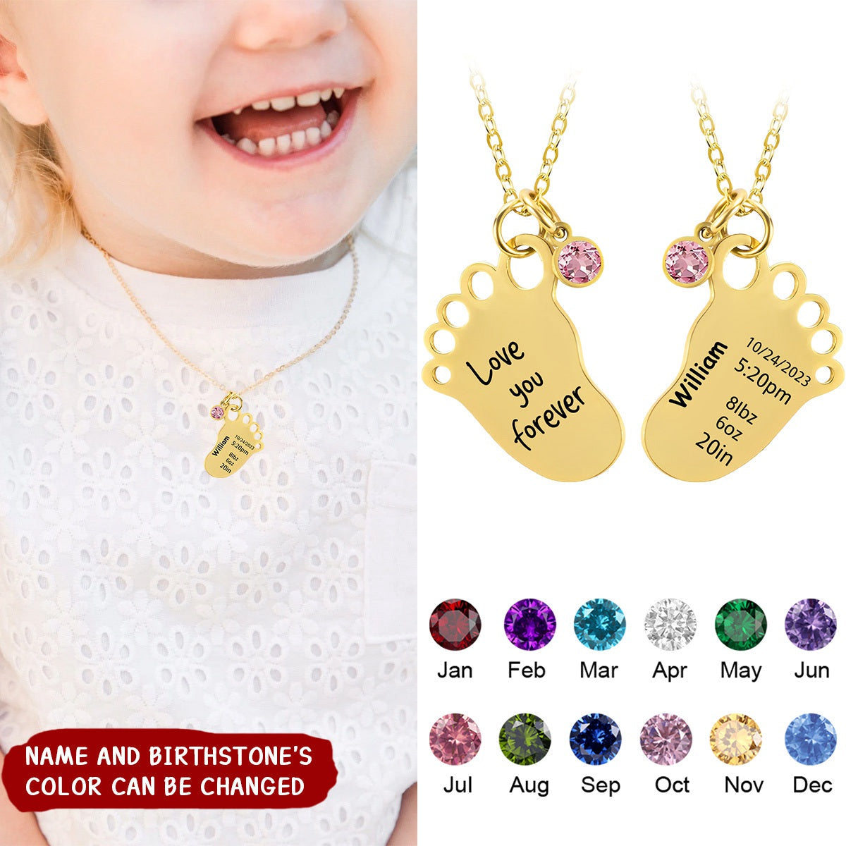 Personalized Engraved Baby Foot Pendant Necklace with Birth Announcement and Birthstone Birthday Baby Shower Gift for Kid New Mom