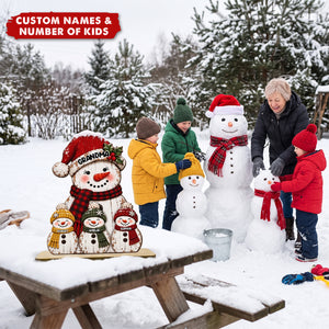 Rustic Grandma Grandkids Snowman - Personalized 2-Layered Wooden Plaque - Christmas Decor For Grandma, Mom
