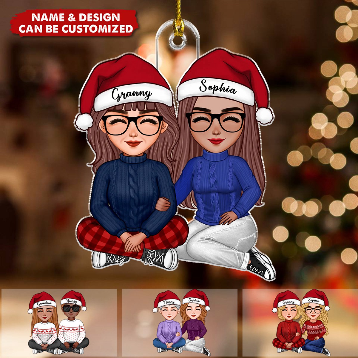 Cute Grandma Sitting With Teenage Granddaughter Grandson Christmas Gift Personalized Acrylic Ornament