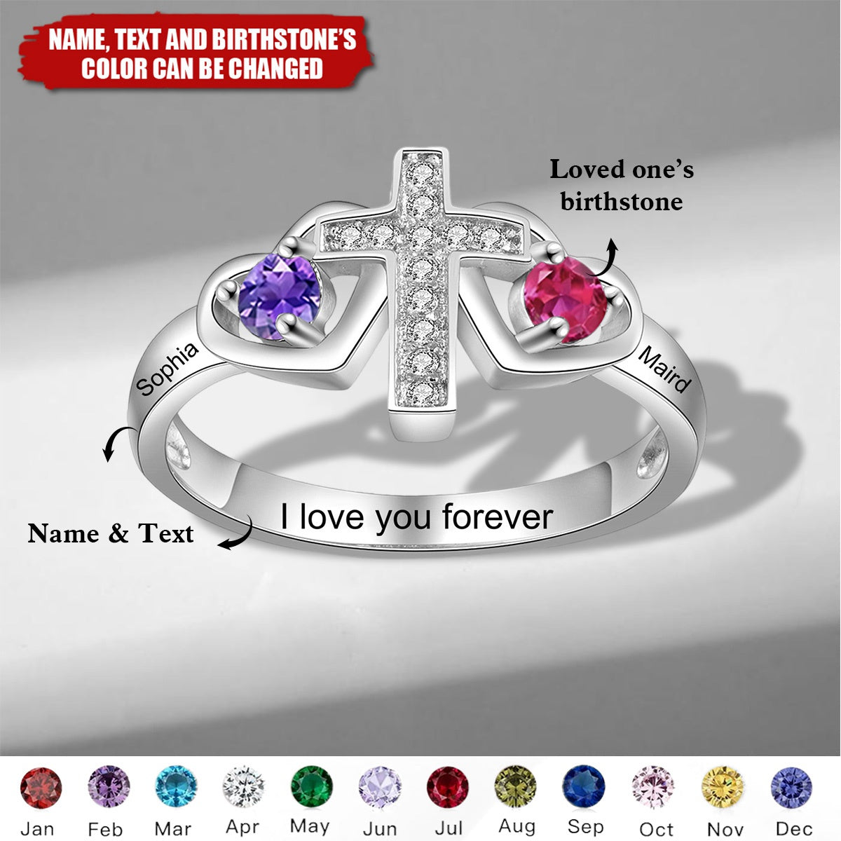Personalized Cross 925 Silver Rings With 2 Birthstones Custom Meaningful Name Faith