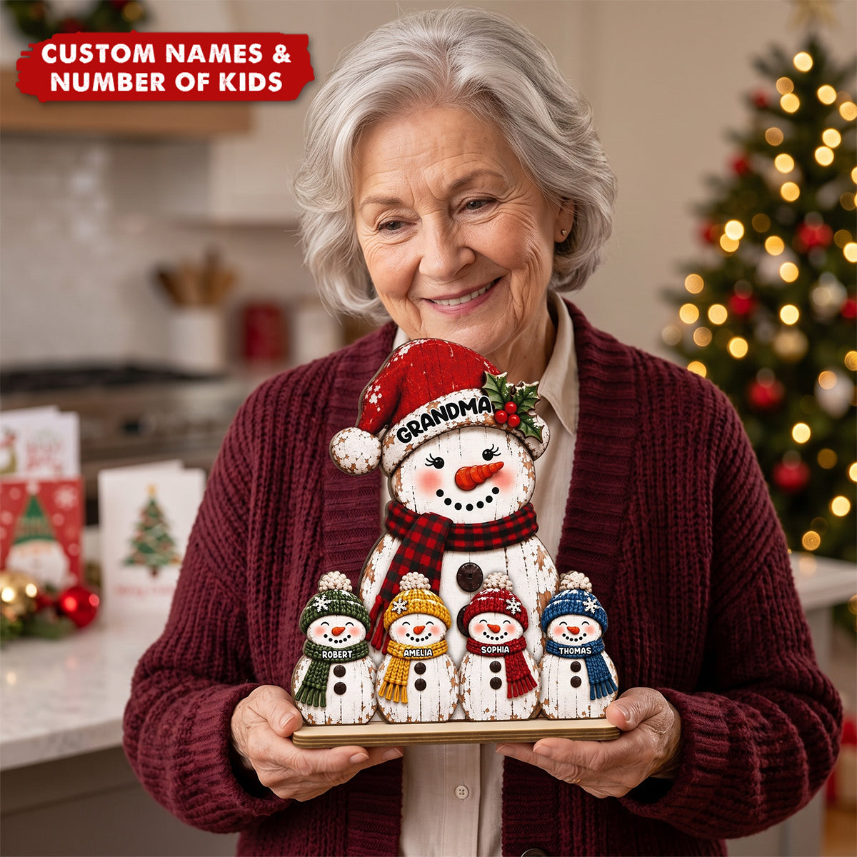Rustic Grandma Grandkids Snowman - Personalized 2-Layered Wooden Plaque - Christmas Decor For Grandma, Mom