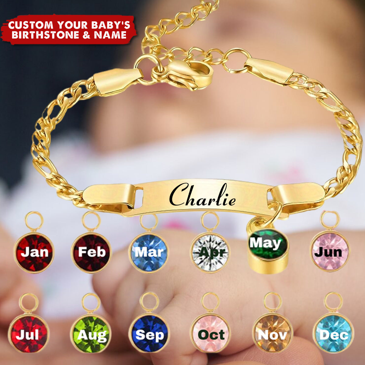 Personalized Baby Birthstone Engraving Name Bracelet, Gift For Children And Babies Aged 3 Years And Above