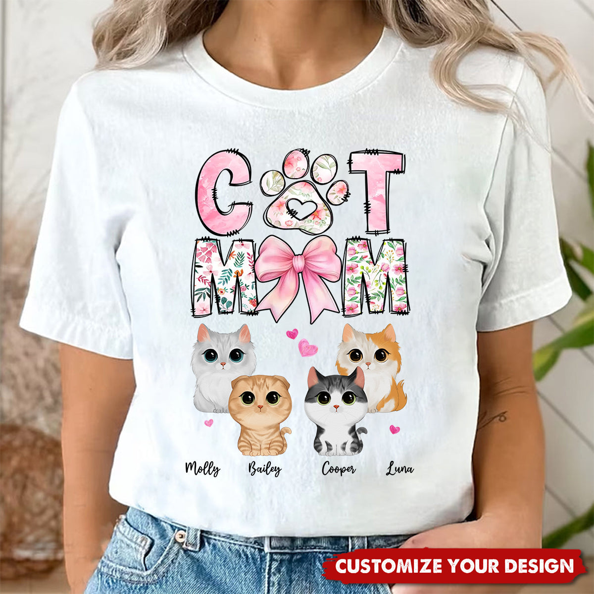 Cat Mom Pink Coquette Personalized T-Shirt, Gift for Cat Moms
