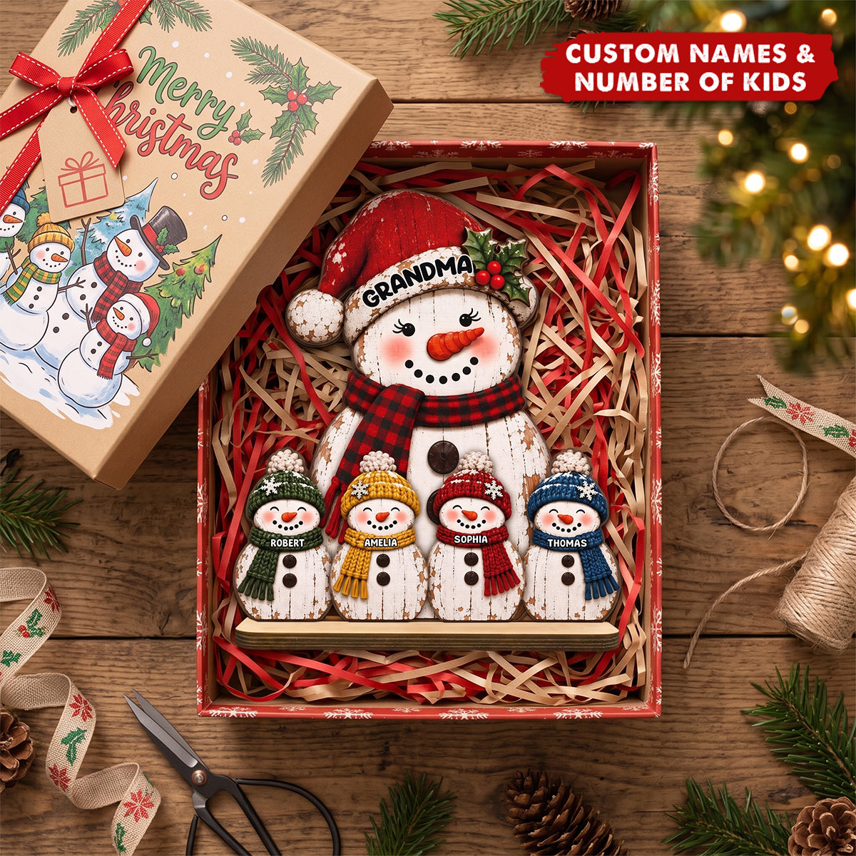 Rustic Grandma Grandkids Snowman - Personalized 2-Layered Wooden Plaque - Christmas Decor For Grandma, Mom