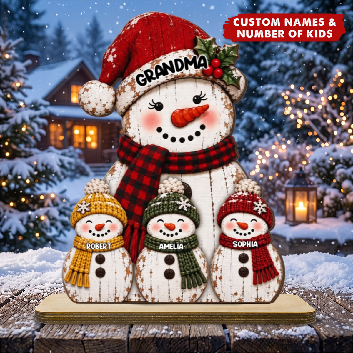 Rustic Grandma Grandkids Snowman - Personalized 2-Layered Wooden Plaque - Christmas Decor For Grandma, Mom