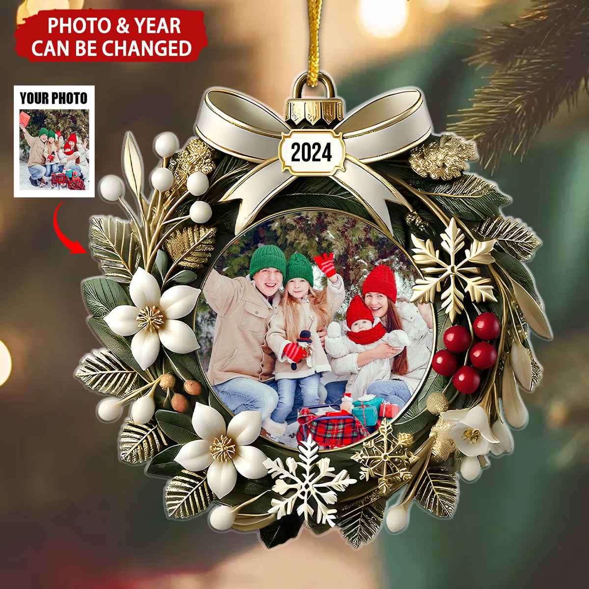Christmas Wreath Custom Photo Ornament, Gift For Family
