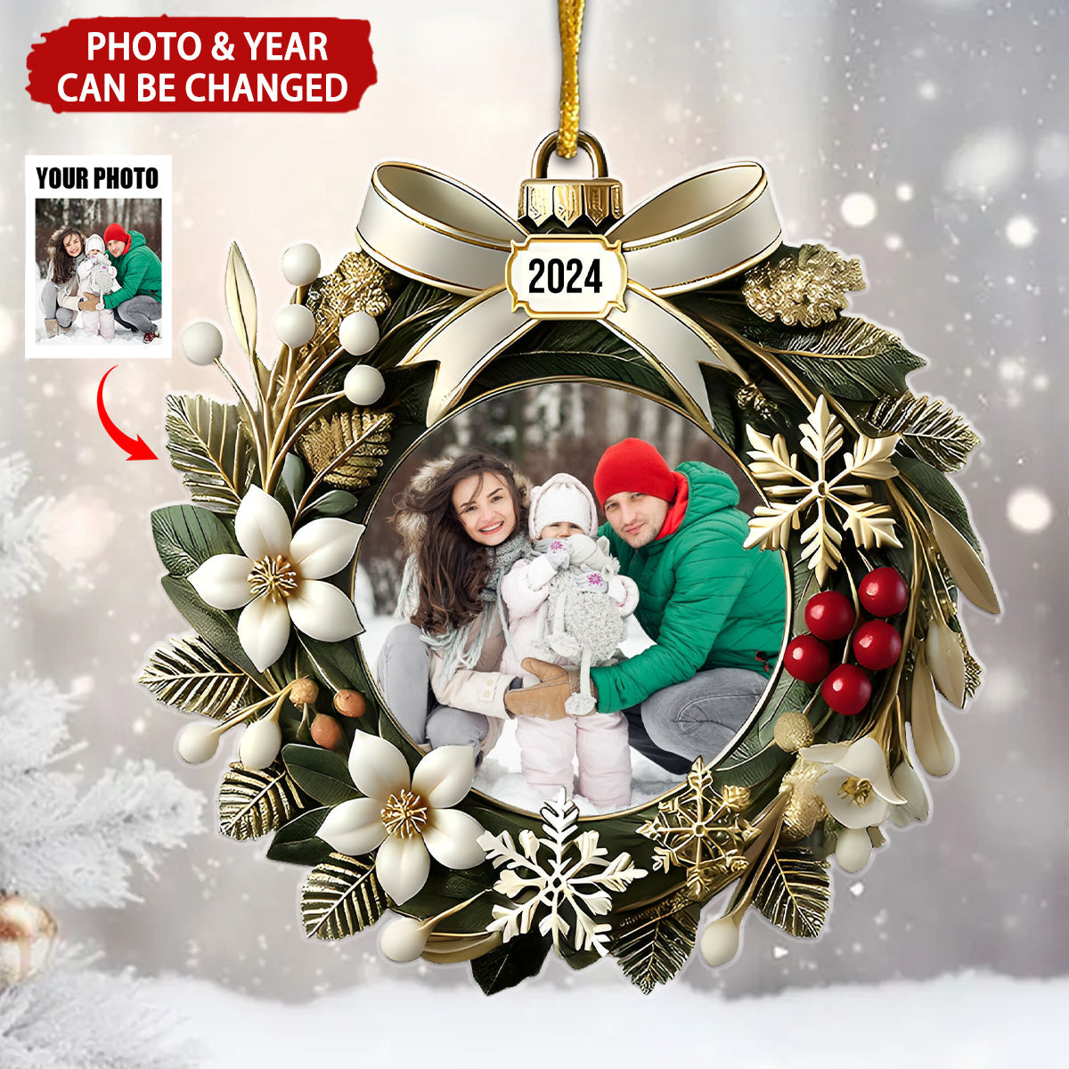 Christmas Wreath Custom Photo Ornament, Gift For Family