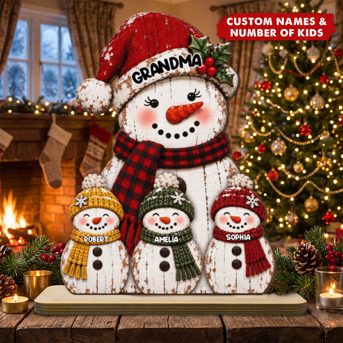 Rustic Grandma Grandkids Snowman - Personalized 2-Layered Wooden Plaque - Christmas Decor For Grandma, Mom