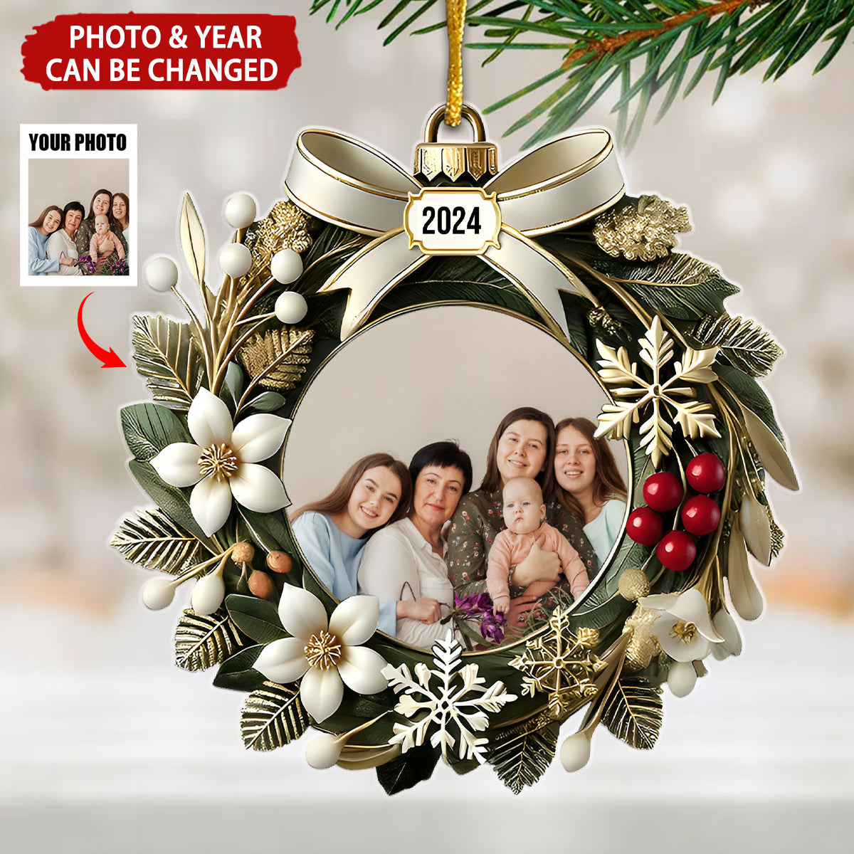 Christmas Wreath Custom Photo Ornament, Gift For Family