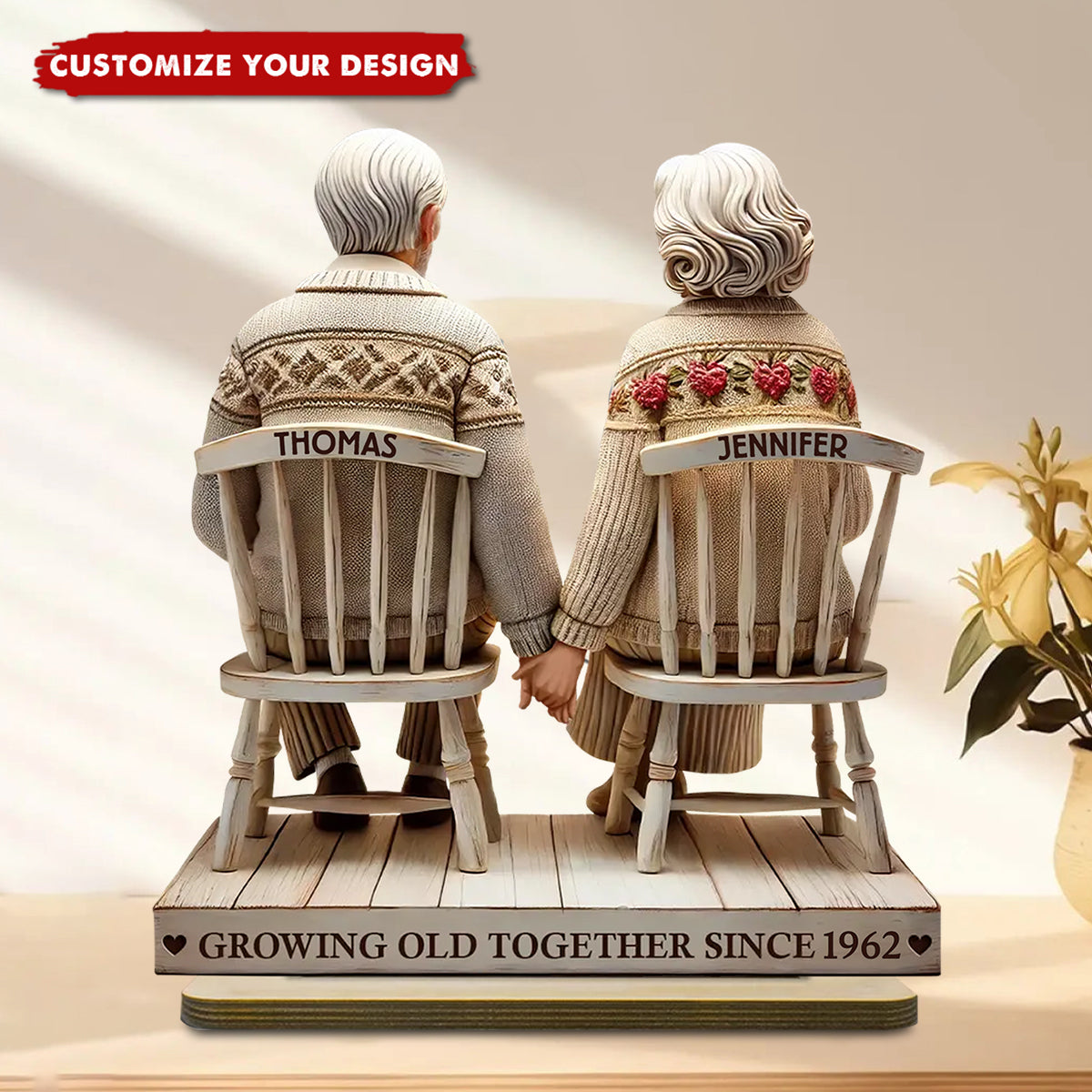 Old Couple Holding Hands Sitting Together - Personalized Standing Wooden Plaque