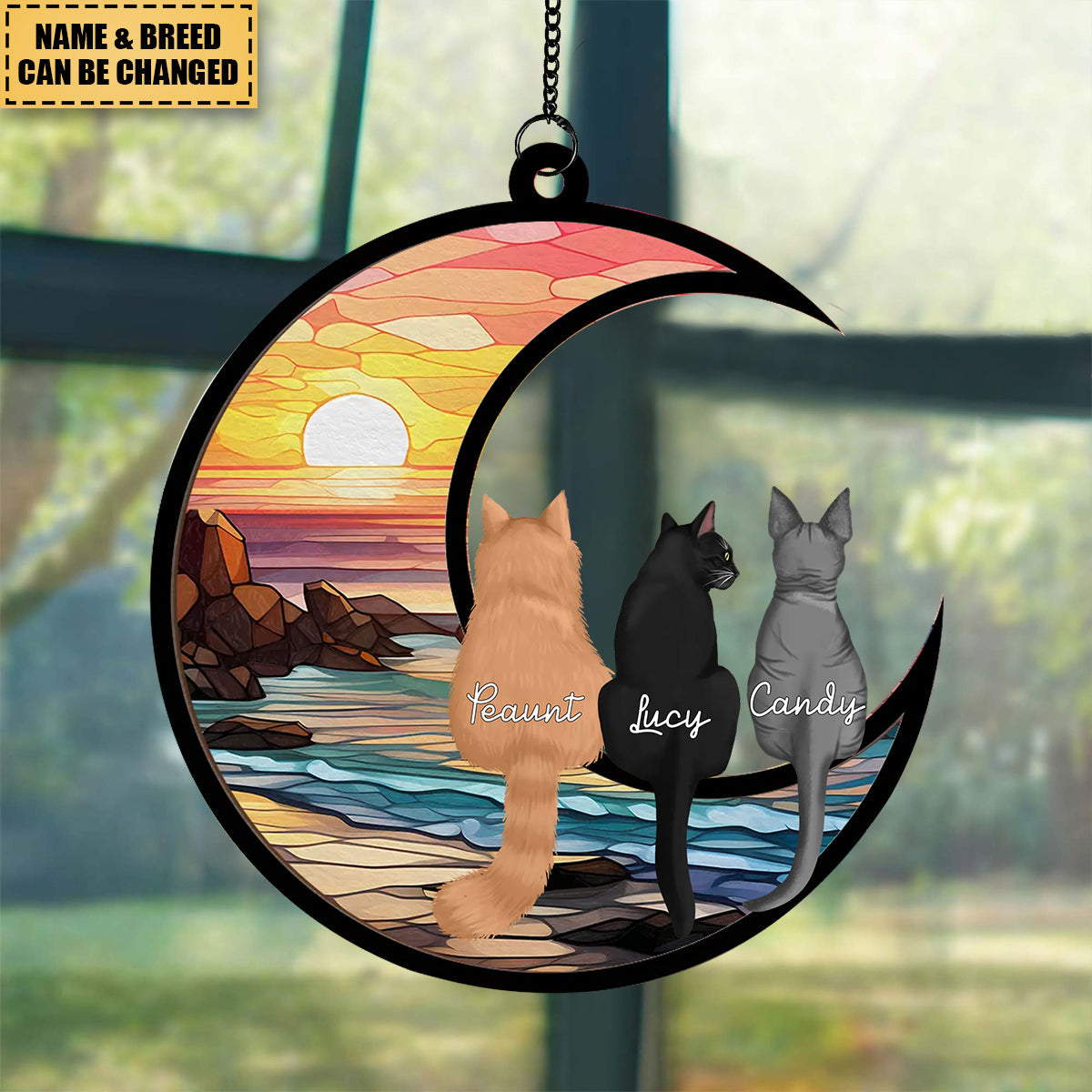 Cats On Moon Personalized Window Hanging Suncatcher Ornament, Halloween Decor For Cat Lovers