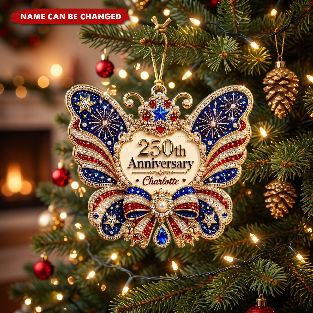 Custom Name USA 250th Anniversary Butterfly Acrylic Ornament