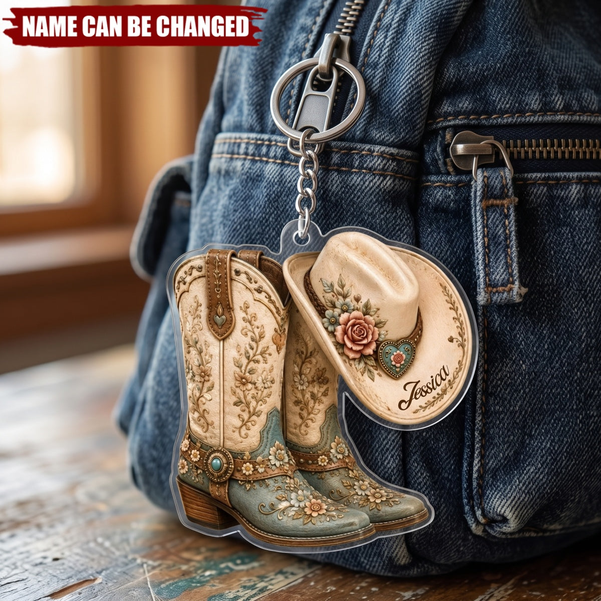 Cowgirl Boot & Western Hat - Personalized Acrylic Keychain