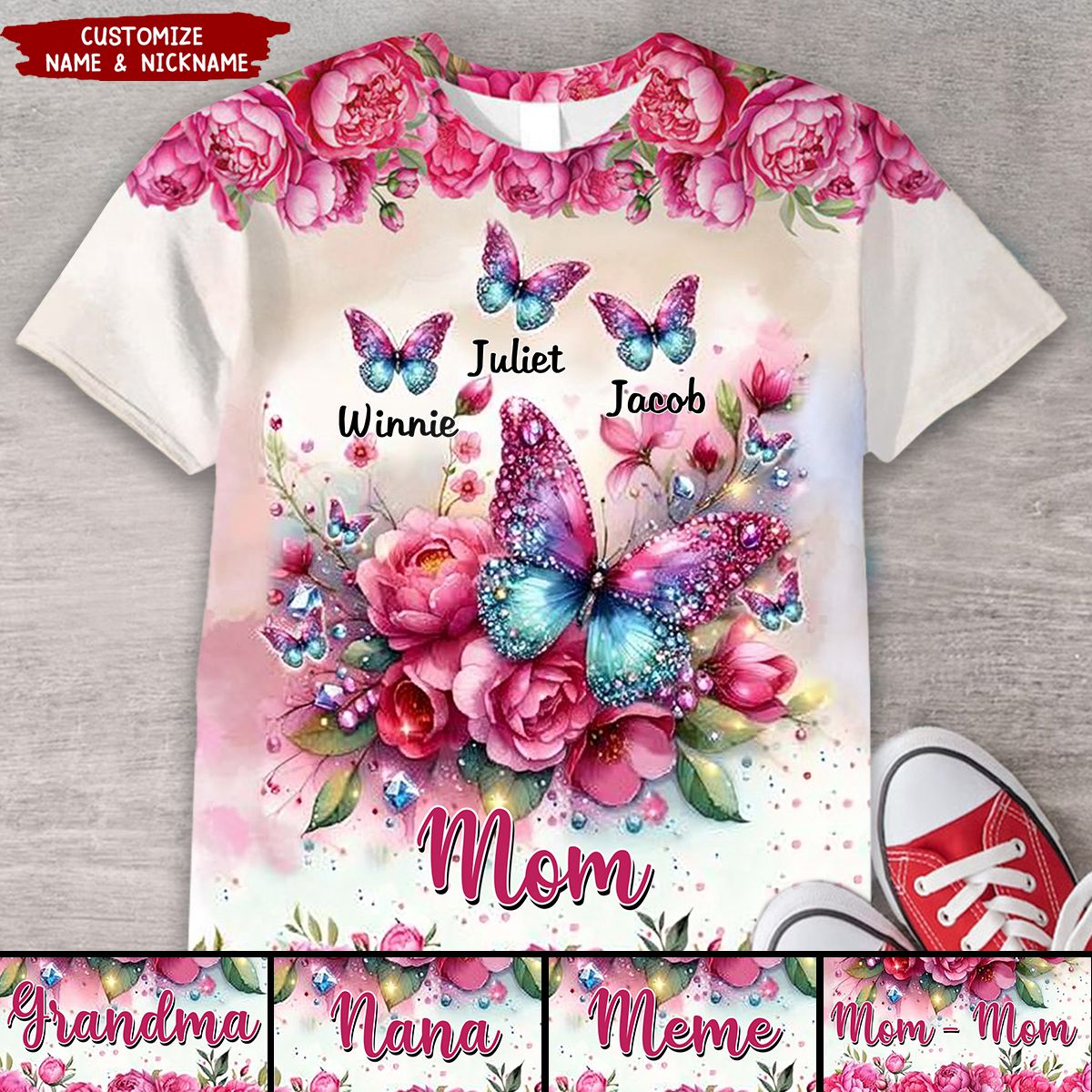 Pink Glitter Butterfly Grandma With Peony Flowers Personalized 3D T-shirt