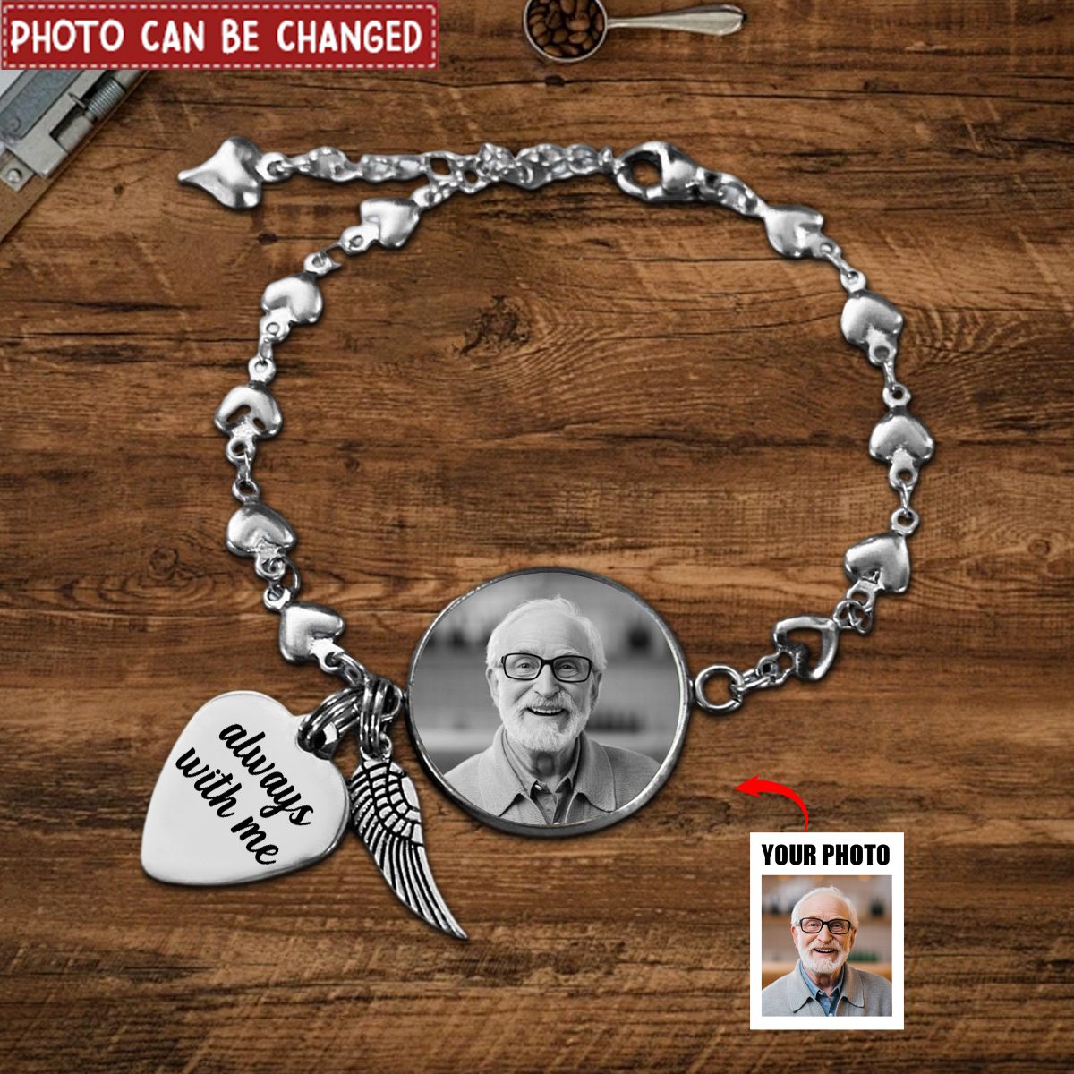 Custom Photo Memorial Bracelet With Angel Wing, Loss of Loved One Charm Bracelet, Stainless Steel Custom Picture Bracelet