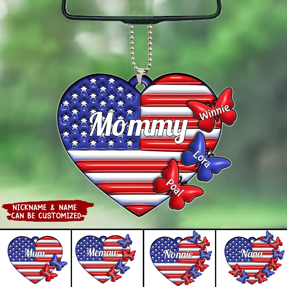 4th of July American Flag Heart Grandma Mom Little Butterfly Kids Personalized Ornament