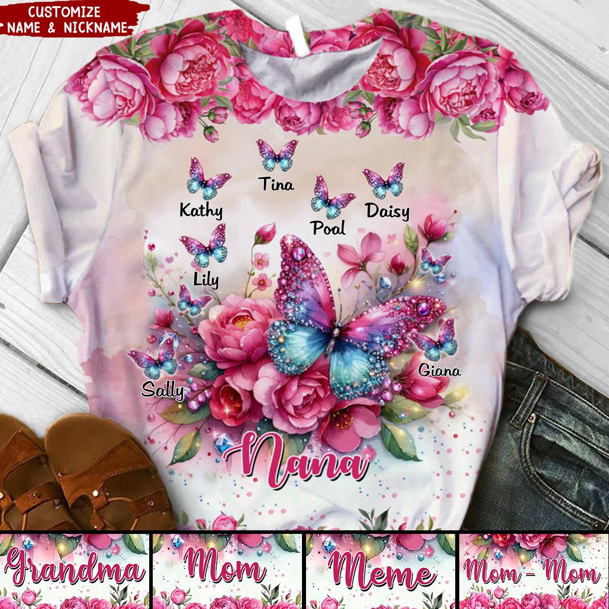 Pink Glitter Butterfly Grandma With Peony Flowers Personalized 3D T-shirt