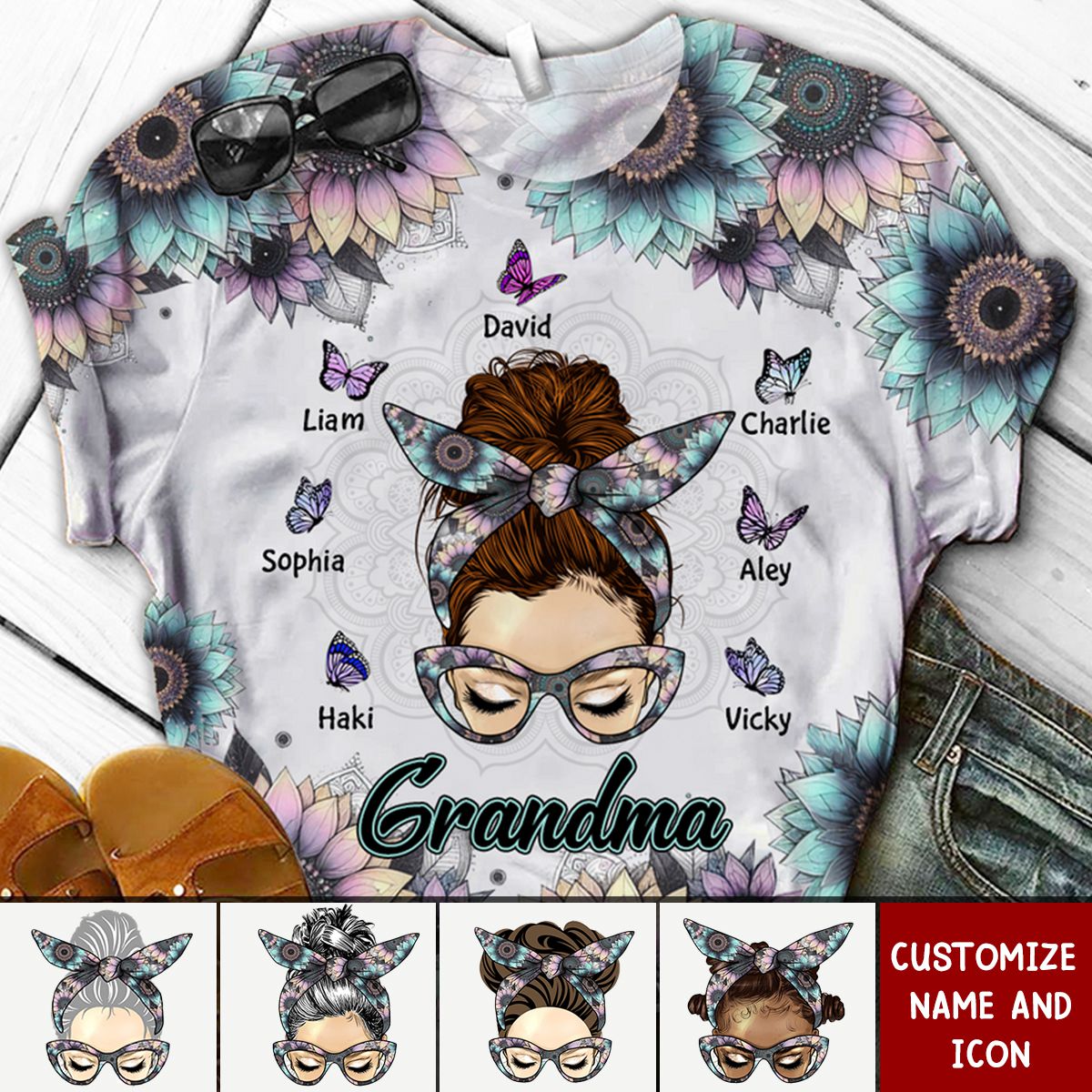 Sunflower Messy Bun Grandma With Butterflies Grandkids Personalized 3D T-shirt