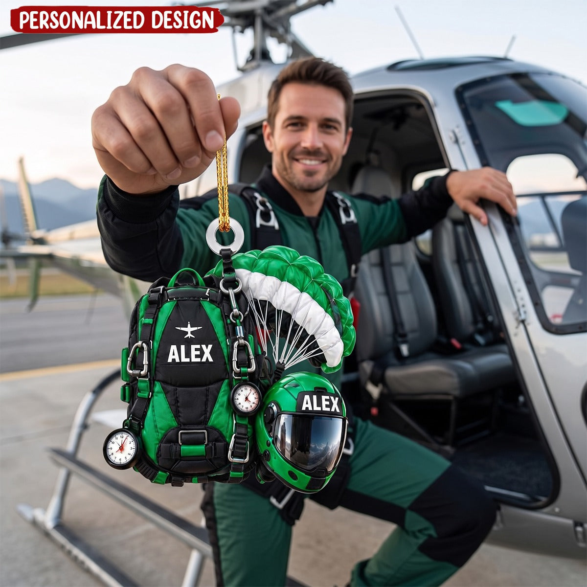 Personalized Skydiving Gear Ornament, Custom Name Parachute Backpack Christmas Decoration