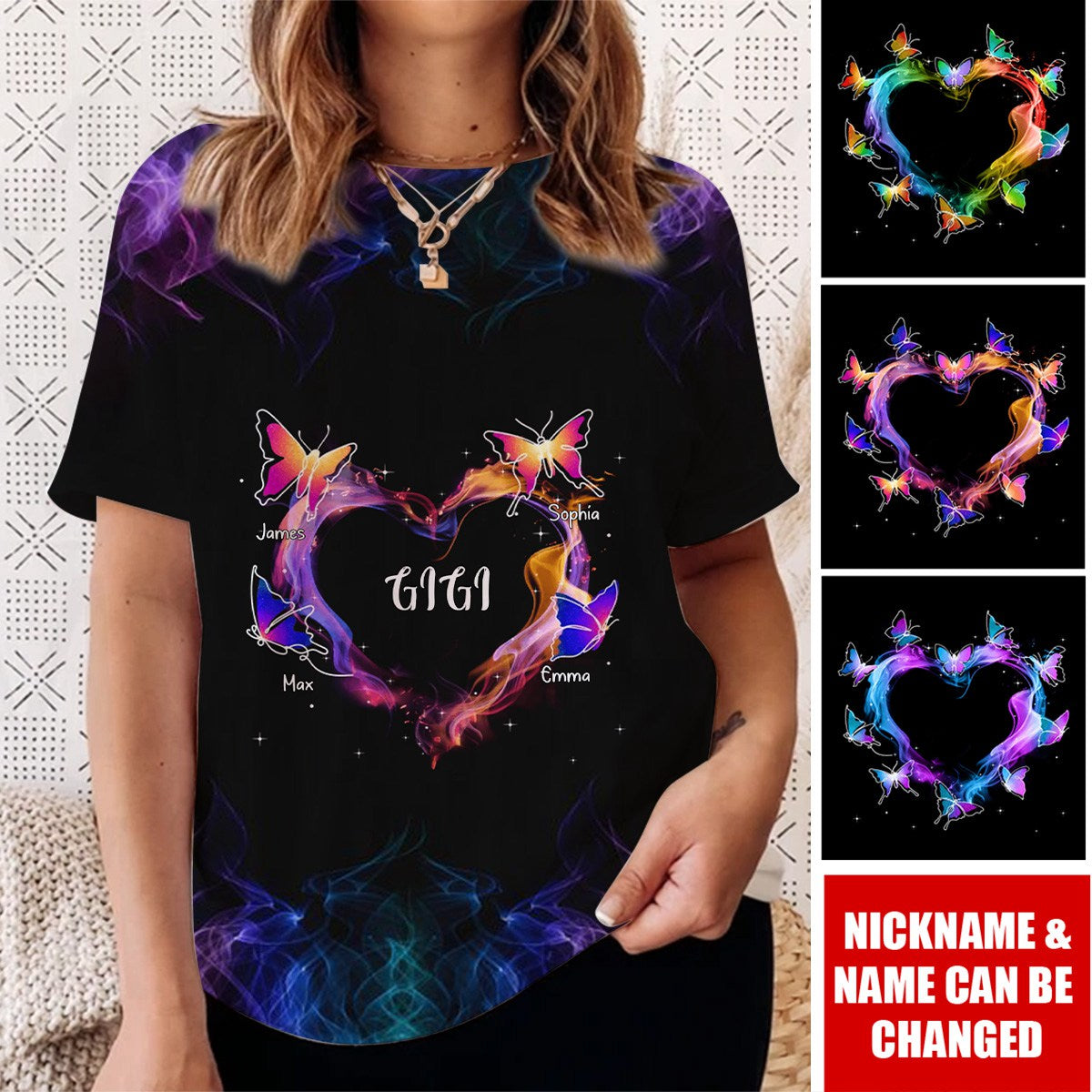 Grandma Mom Colorful Heart Butterflies Personalized 3D T-Shirt