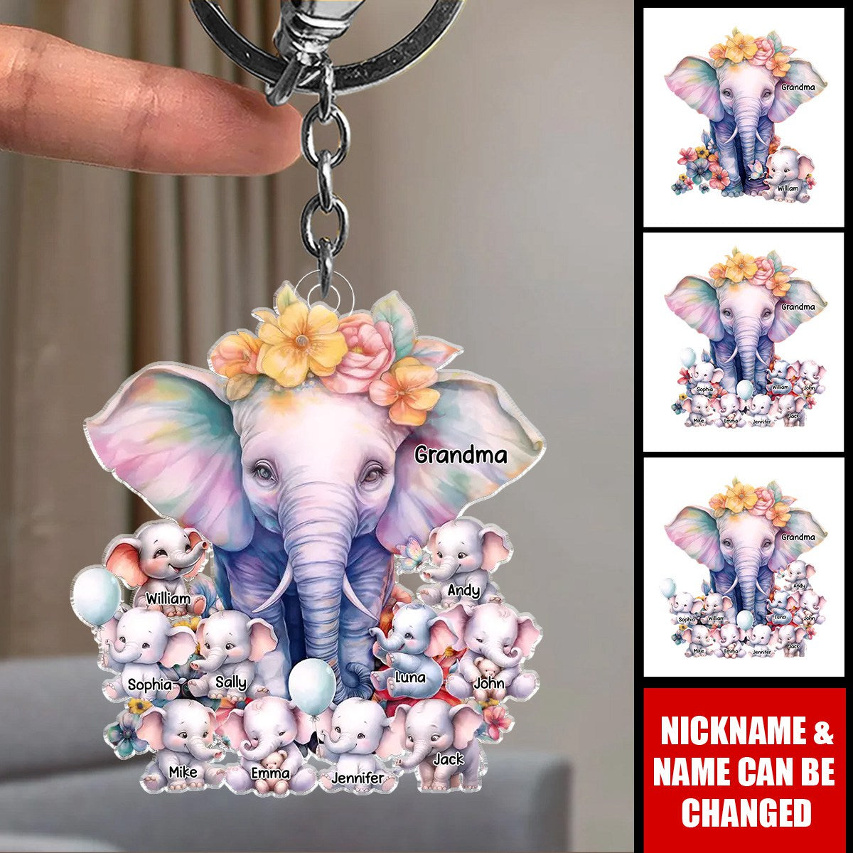 Grandma’s Love Stands Tall And Unwavering, Just Like An Elephant - Family Personalized Custom Keychain - Acrylic Custom Shaped - Gift For Mom, Grandma