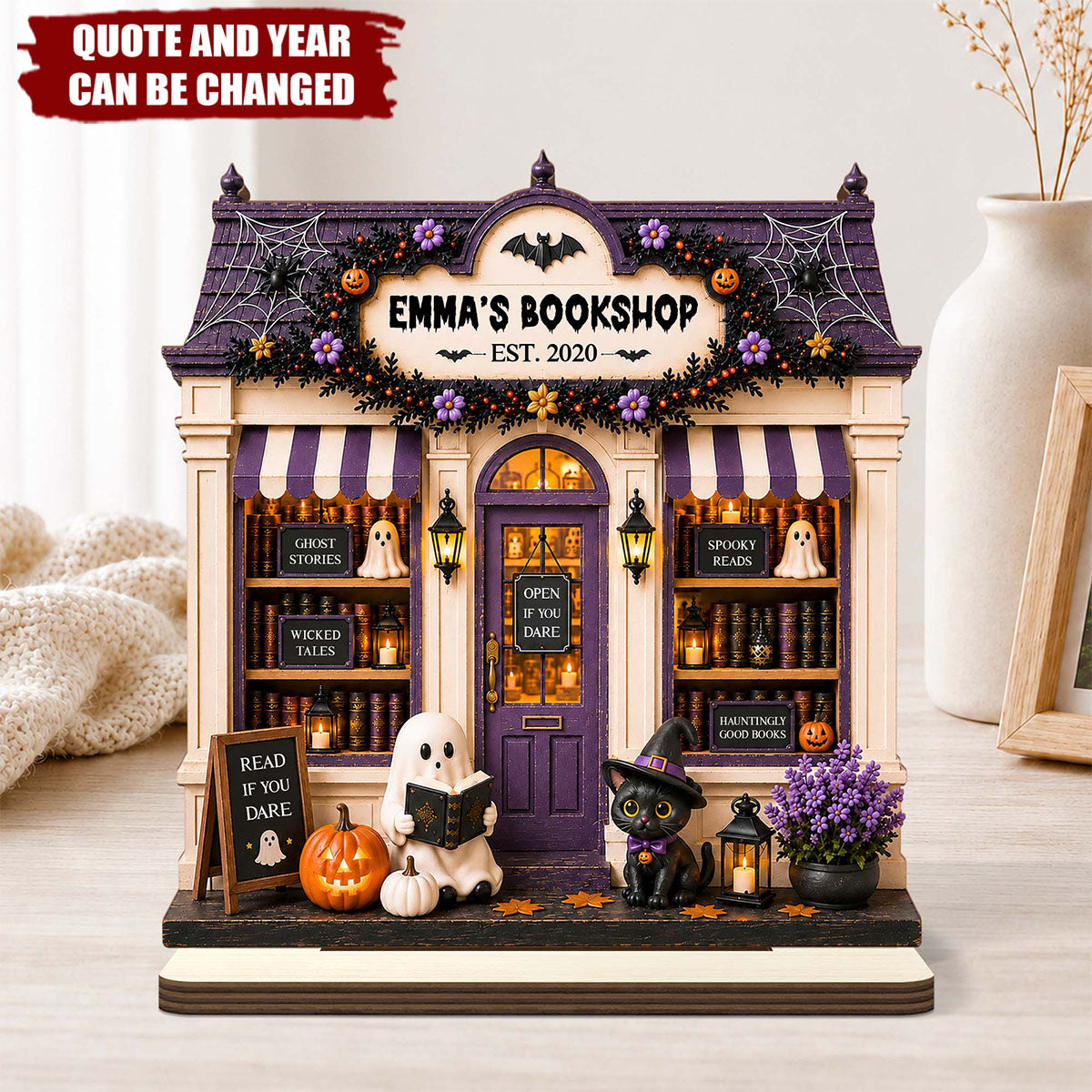 Personalized Halloween Bookshop Wooden Plaque - Spooky Custom Tabletop Sign