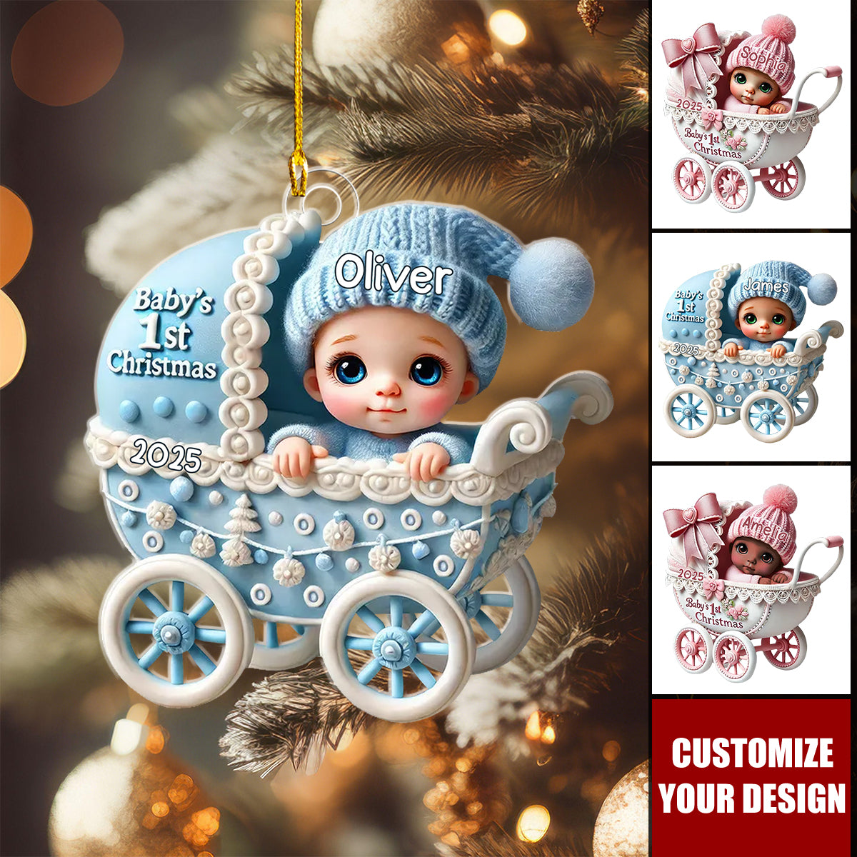 Newborn Baby In Carriage Christmas Personalized Acrylic Ornament