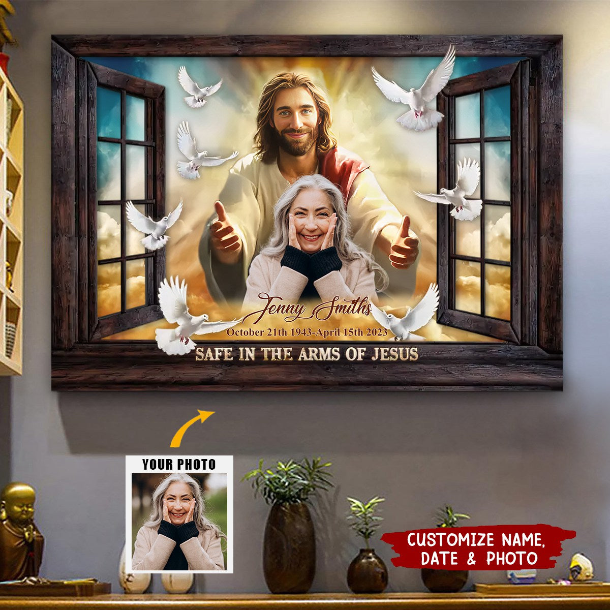 Window Frame Safe In The Arms Of Jesus Dem - Personalized Upload Photo Memorial Canvas