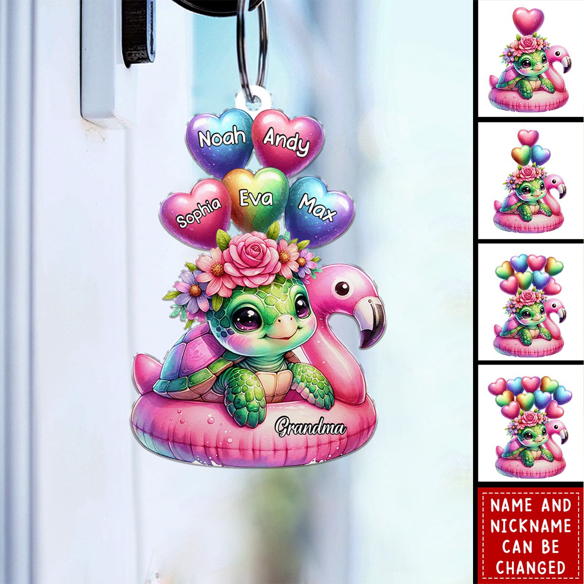Summer Vibe Cute Floral Pastel Grandma Auntie Mom Sea Turtle Little Balloon Heart Kids Personalized Keychain