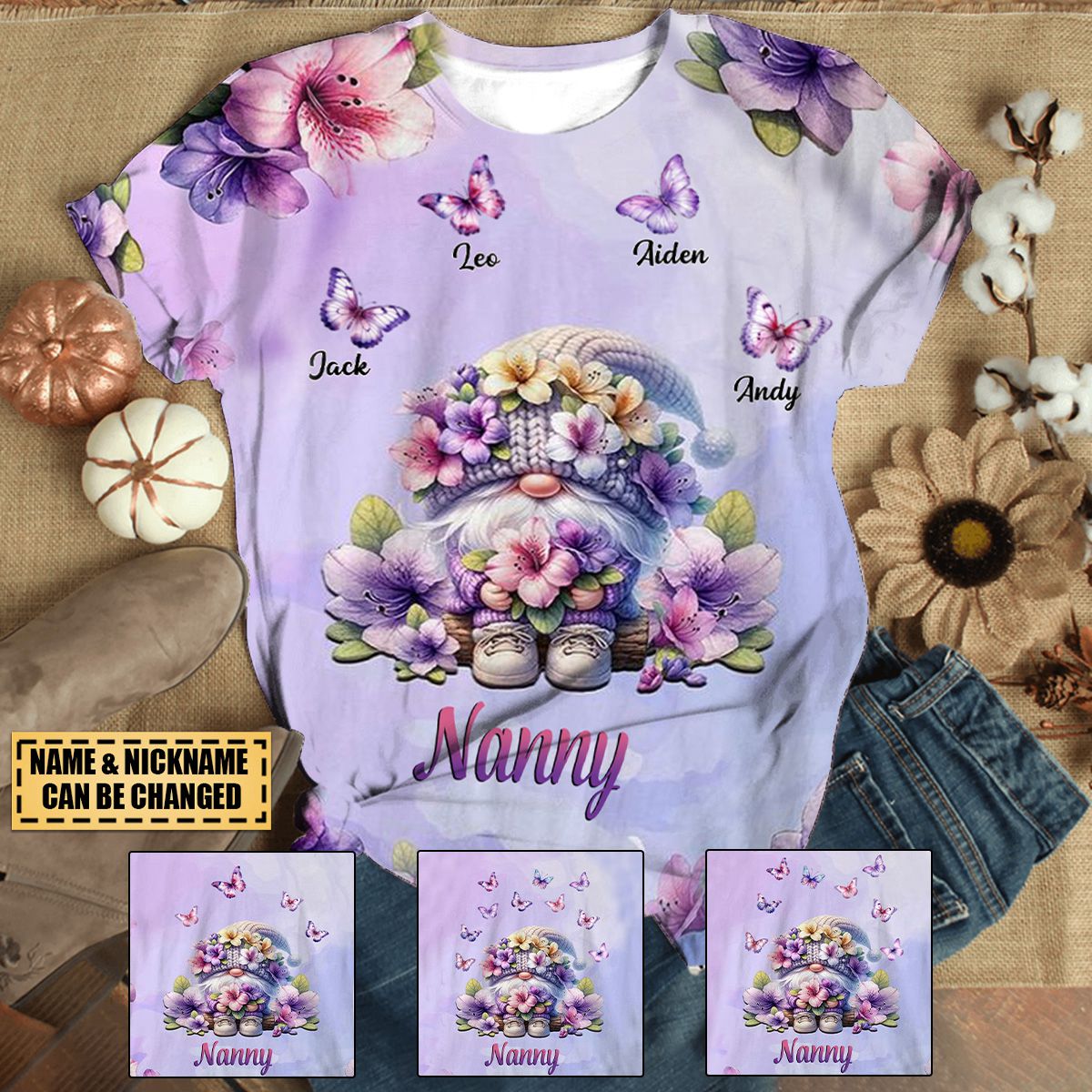 Grandma Dwarf With Purple Flowers And Butterflies Personalized 3D T-Shirt