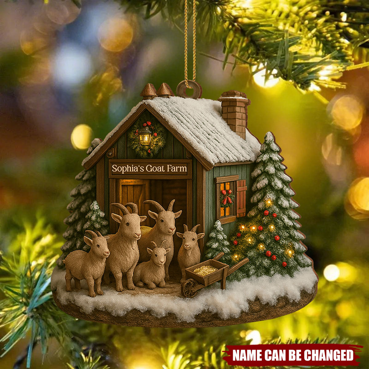 Goat Farm, Goats and Christmas Tree, Custom Wood Ornament