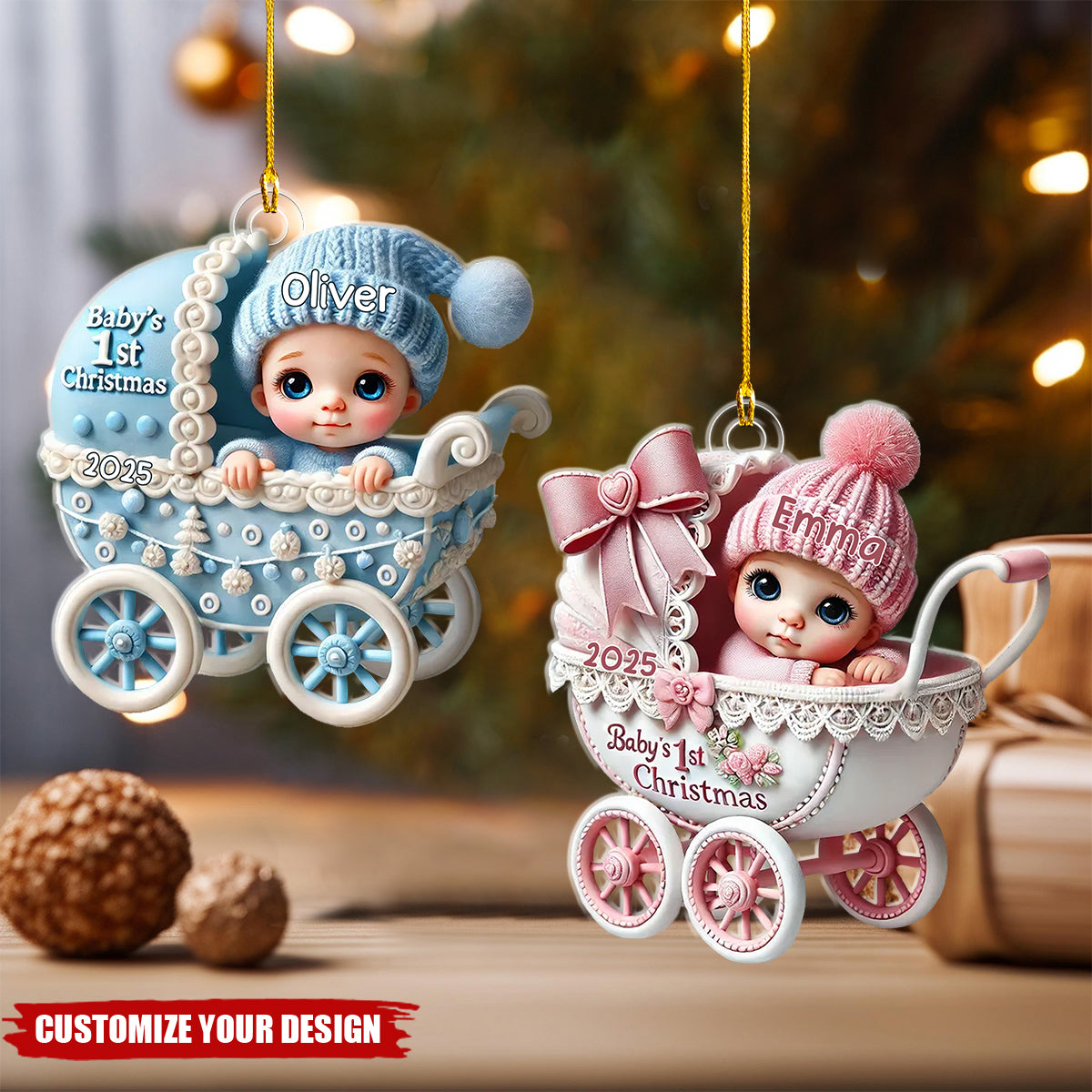 Newborn Baby In Carriage Christmas Personalized Acrylic Ornament
