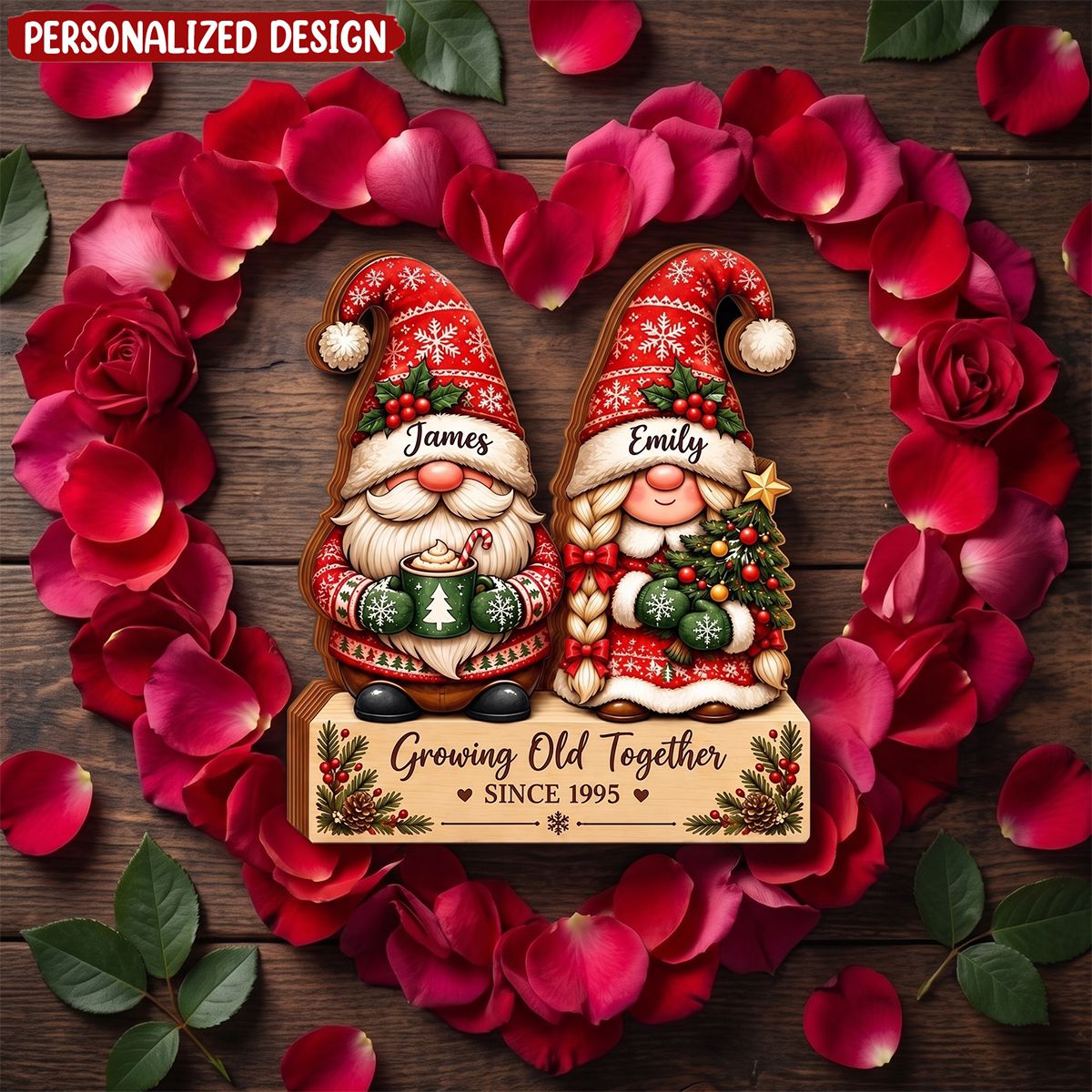 Personalized Christmas Dwarf Couple Wooden Block, Growing Old Together Gift