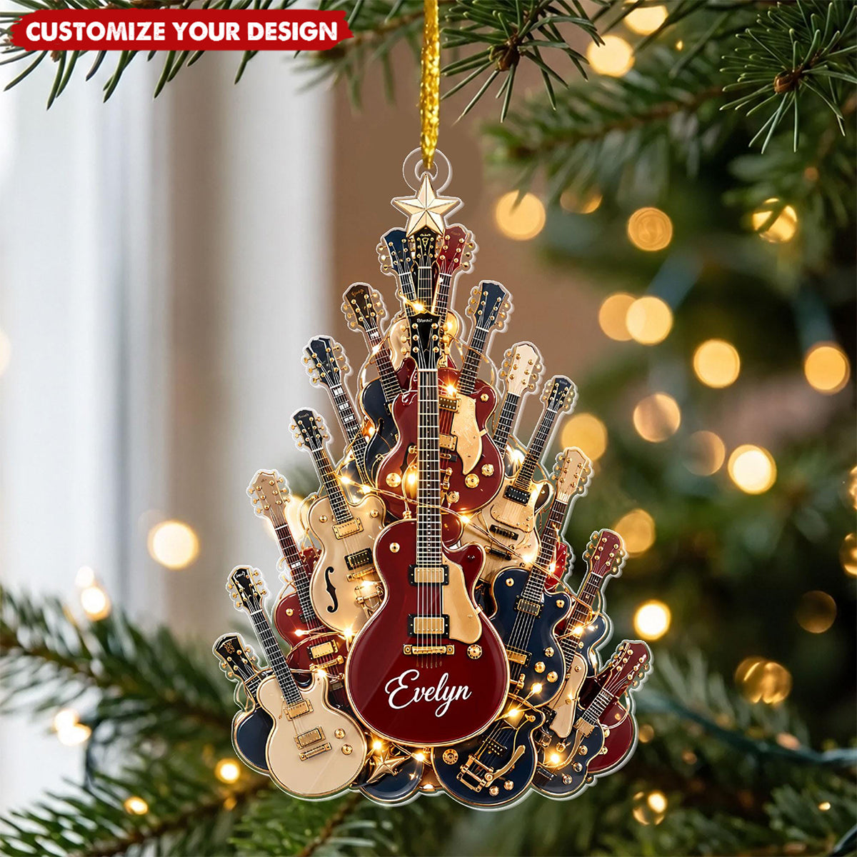 Personalized Guitar Tree Christmas Ornament, Custom Name Acrylic Ornament, 3 Style Options, Gift For Guitar Lovers & Musicians