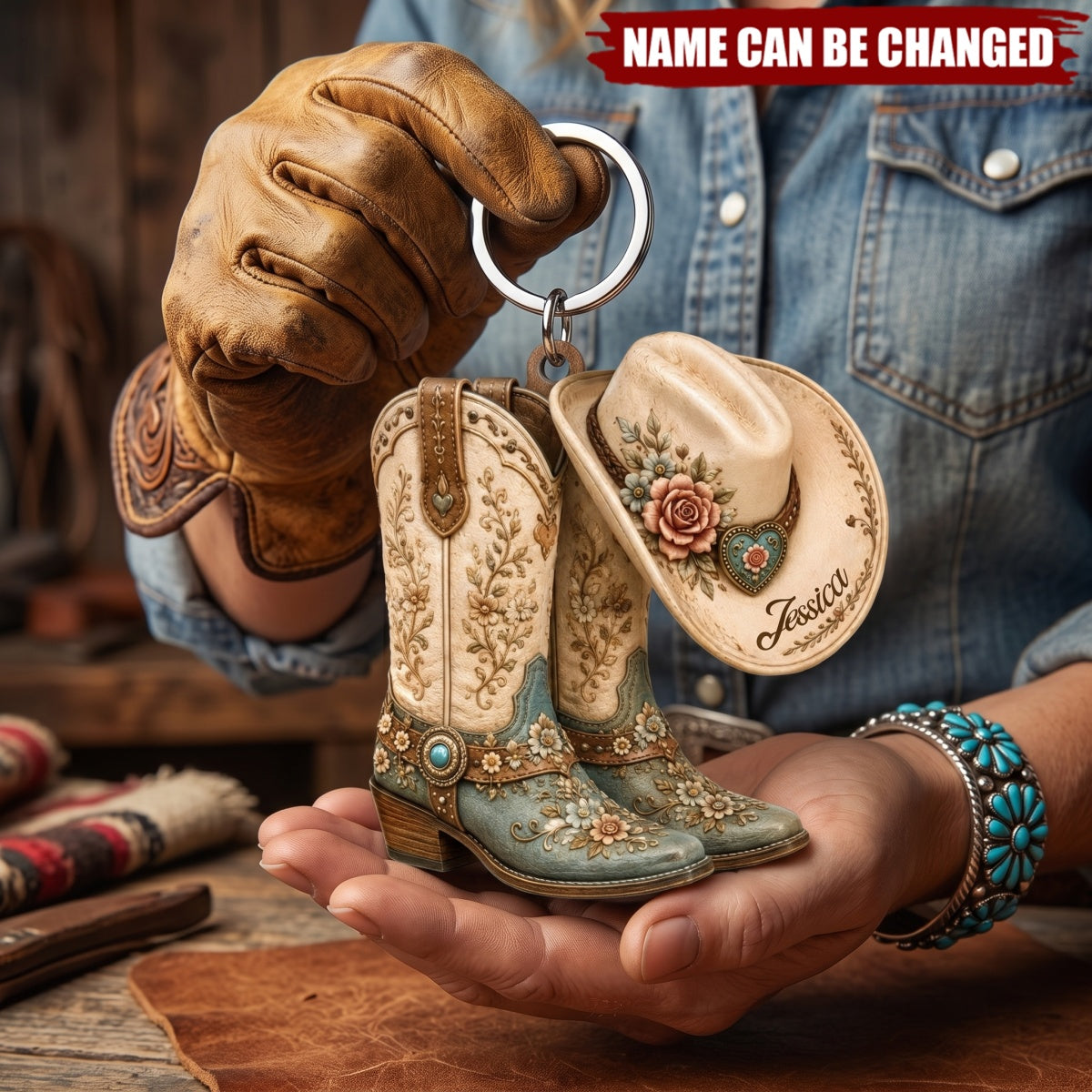 Cowgirl Boot & Western Hat - Personalized Acrylic Keychain