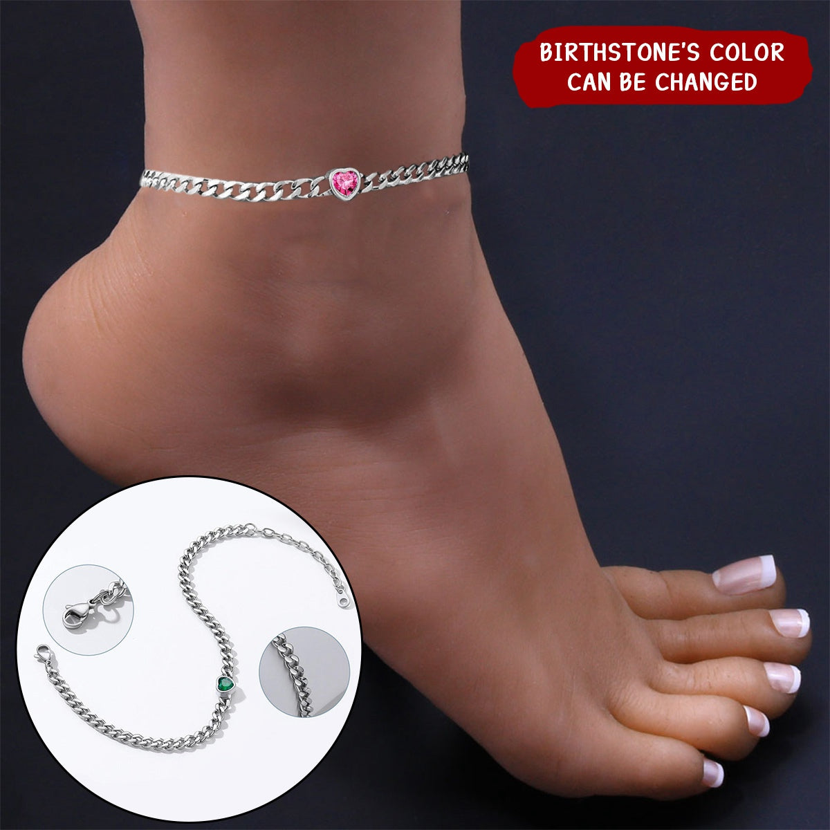 Personalized Cuban Link Heart Birthstone Anklet for Women