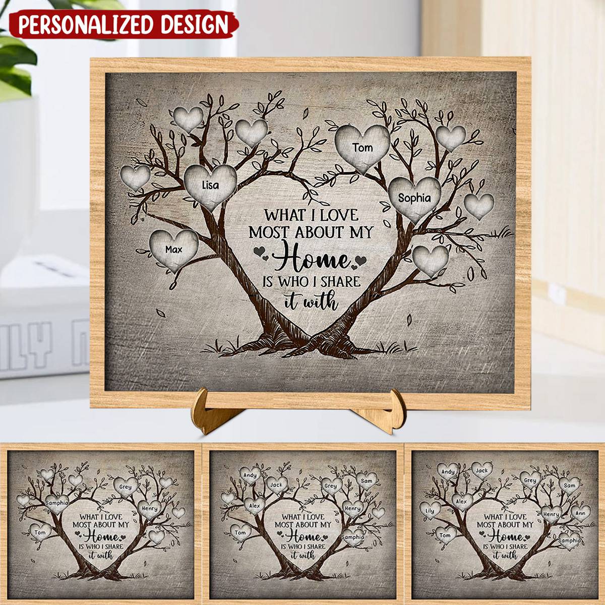 What I Love About Home Is Who I Share It With, Family Tree Personalized Wood Plaque