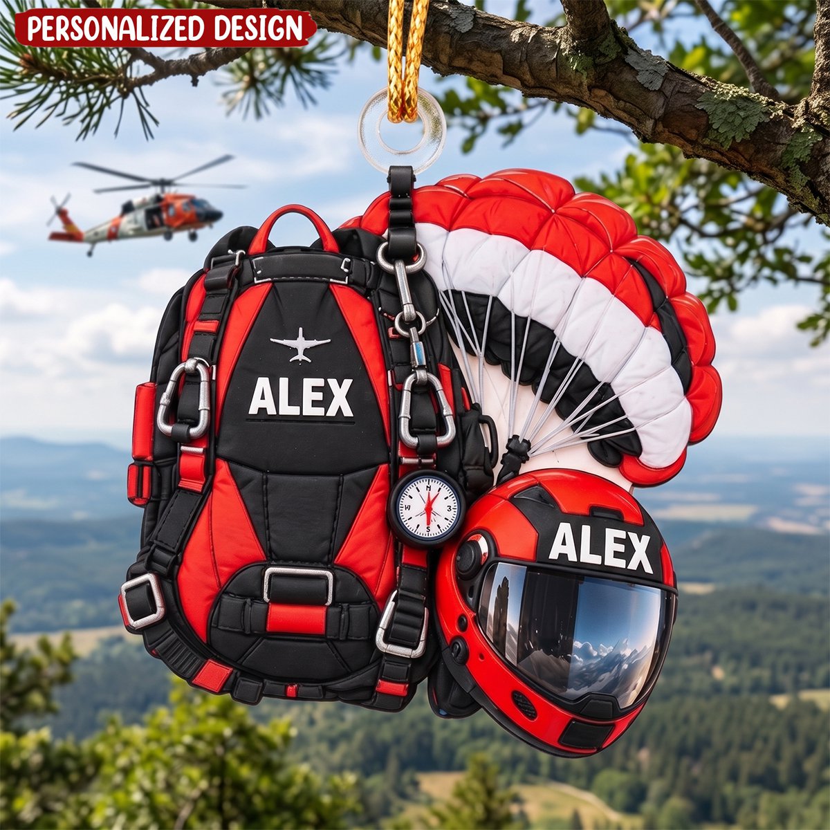 Personalized Skydiving Gear Ornament, Custom Name Parachute Backpack Christmas Decoration