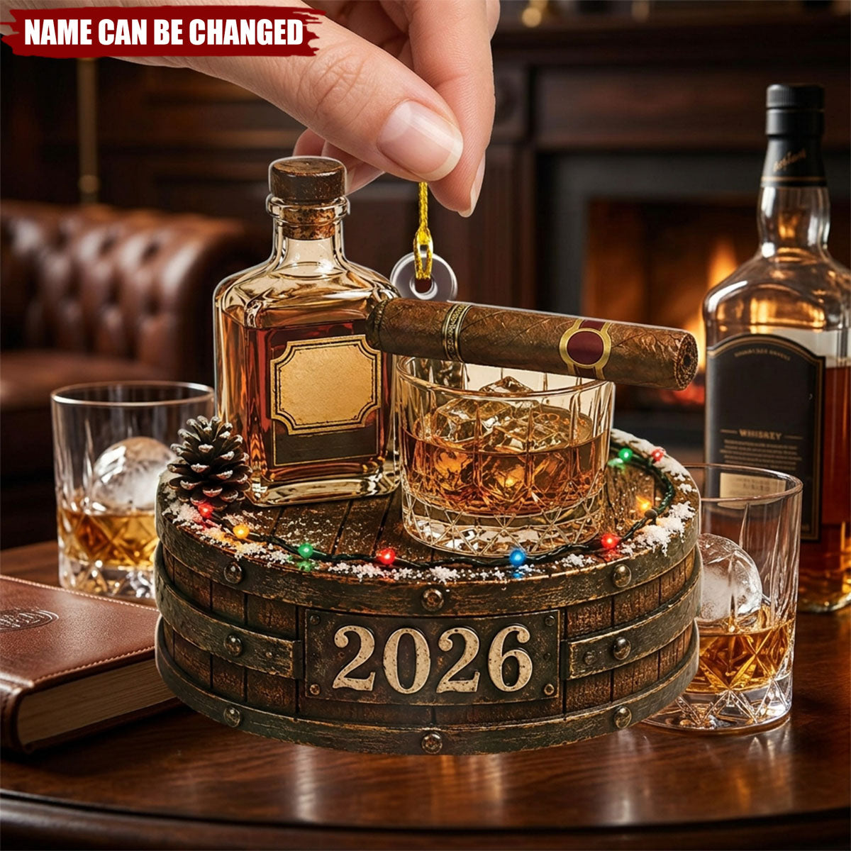 Personalized Whiskey Christmas Ornament, Custom Bourbon Lover Gift, 2026 Bar Decor, Whiskey Barrel Ornament, Cigar Lover Gift