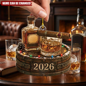 Personalized Whiskey Christmas Ornament, Custom Bourbon Lover Gift, 2026 Bar Decor, Whiskey Barrel Ornament, Cigar Lover Gift