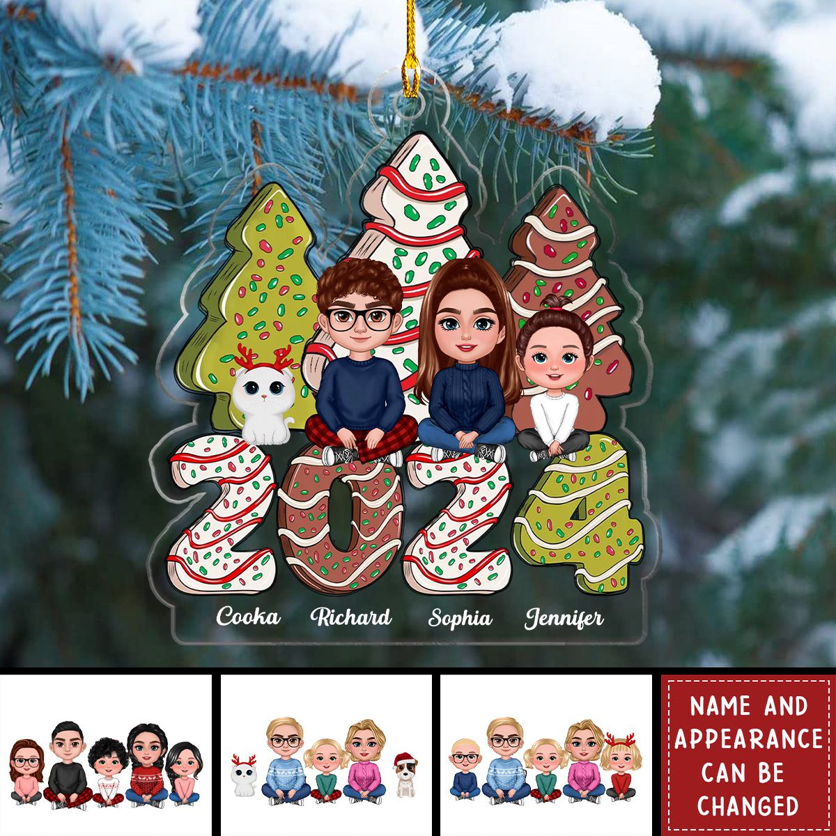 Family Crossed Legs Sitting Christmas Tree Cake Patterned Personalized Acrylic Ornament