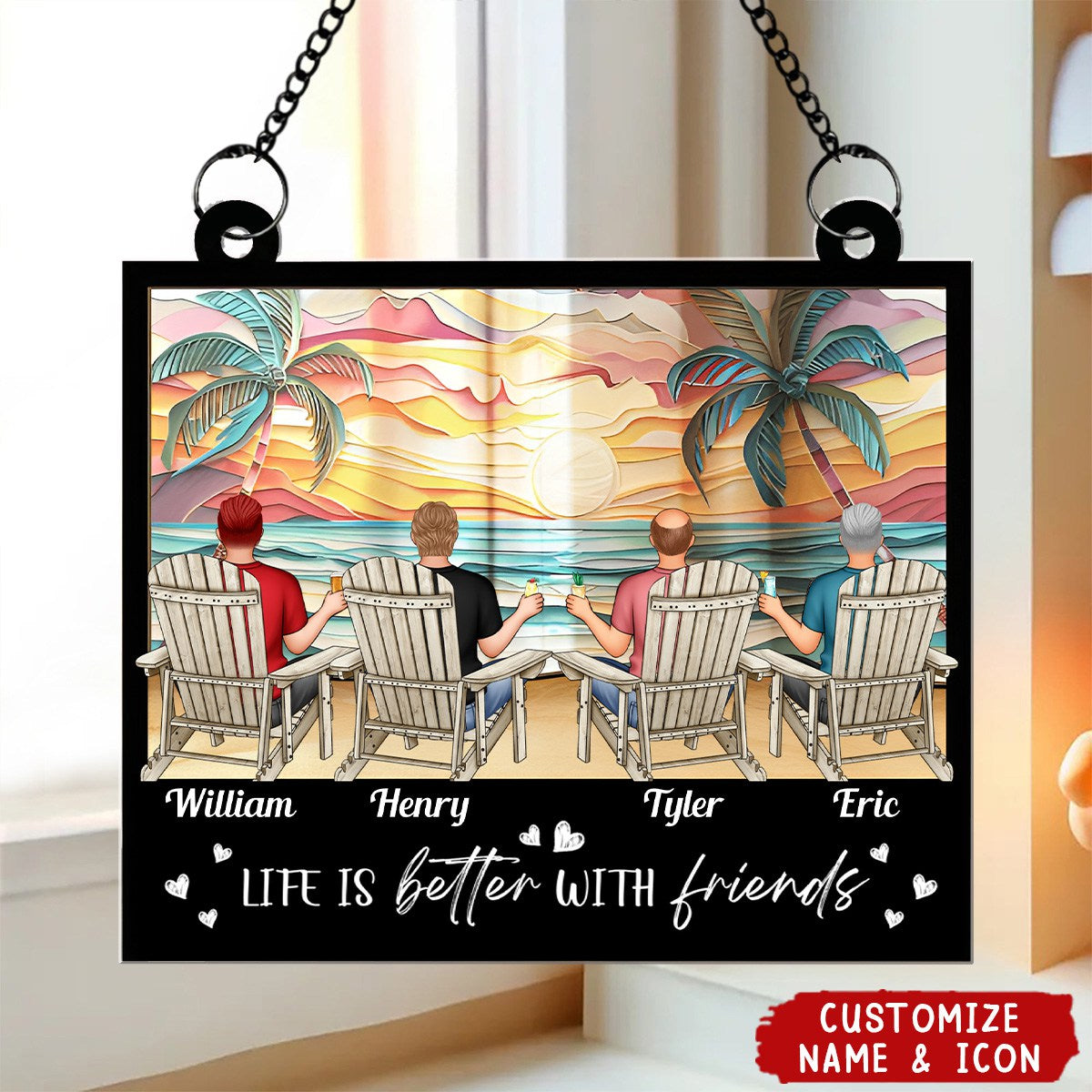 Sunset At The Beach Besties Forever - Personalized Window Hanging Suncatcher Ornament