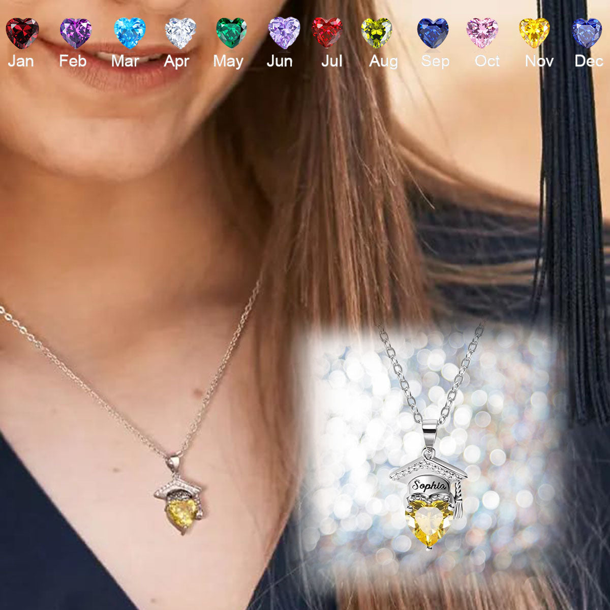 Graduation Cap Custom Birthstone Necklace, Gift For High School College Graduates