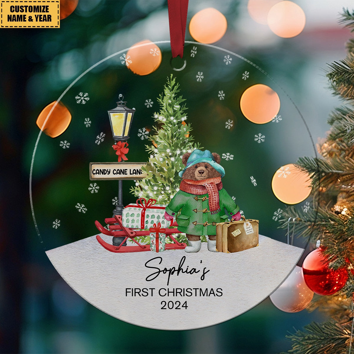 Personalized Baby's First Christmas Bear Acrylic Circle Ornament