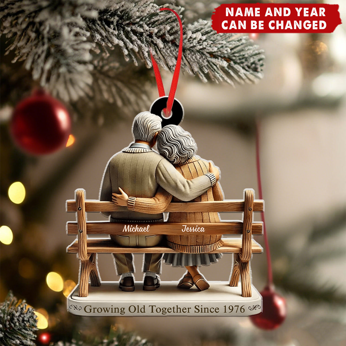 Old Couple Sitting On Bench Growing Old Together Since - Personalized Christmas Acrylic Ornament