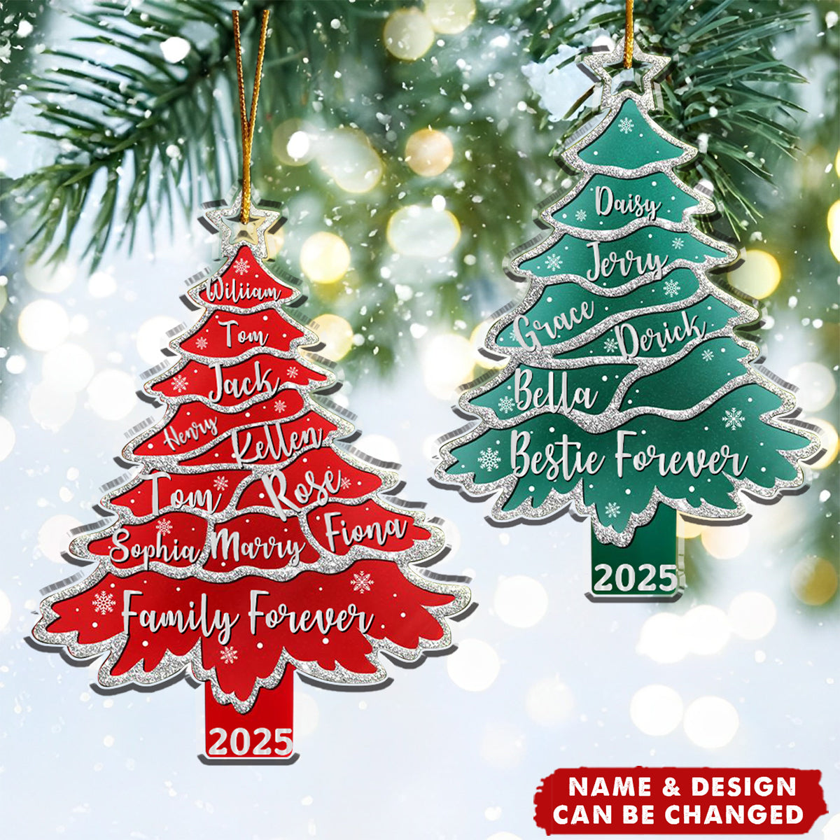 Text Pattern Christmas Tree, Family Bestie Custom Names Pottery Glitter Effect Acrylic Ornament