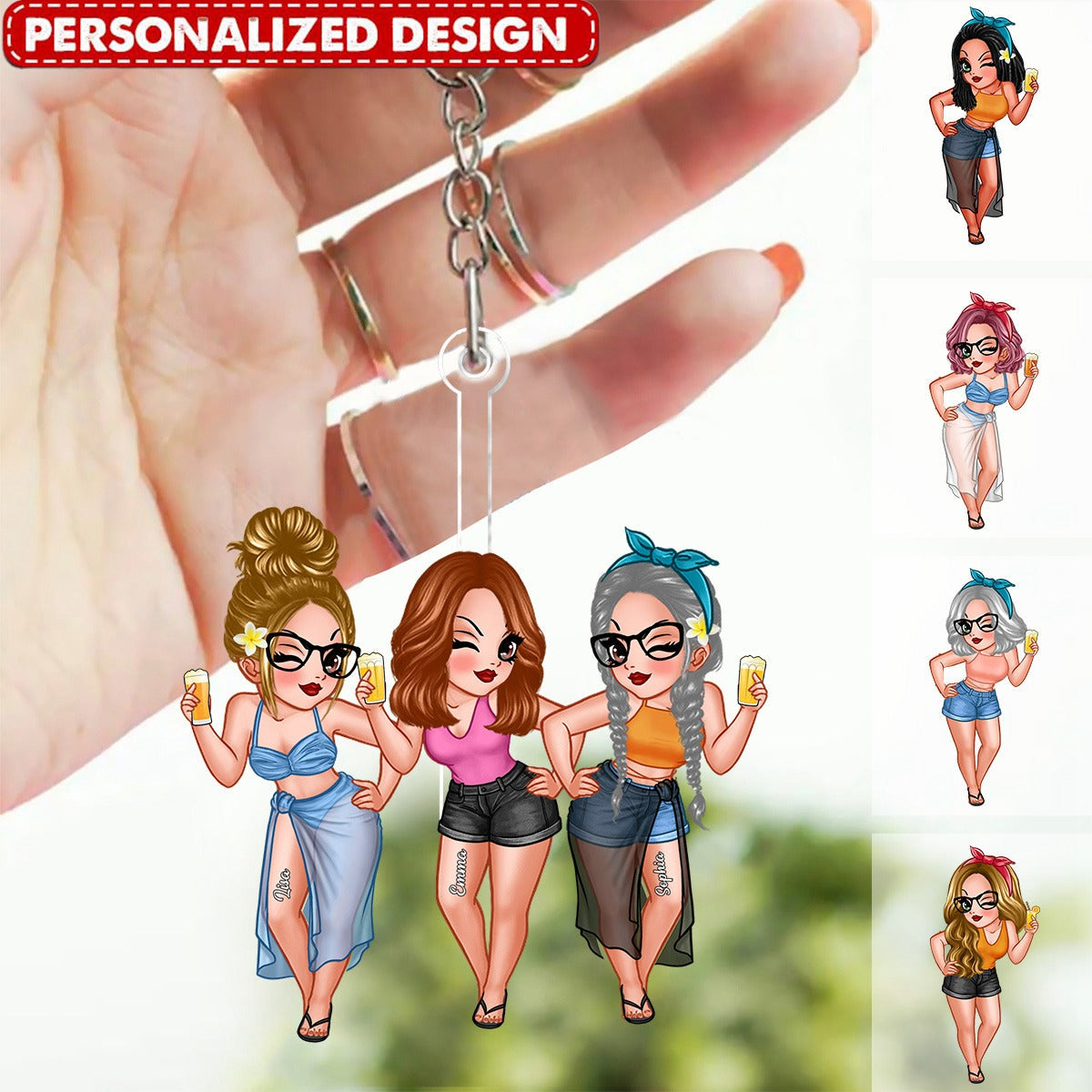 Summer Beach Girls Besties Sisters Personalized Keychain
