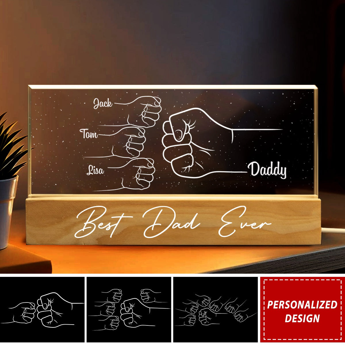 Best Dad Ever Fist Bump Outline Hands Personalized Acrylic Block LED Night Light